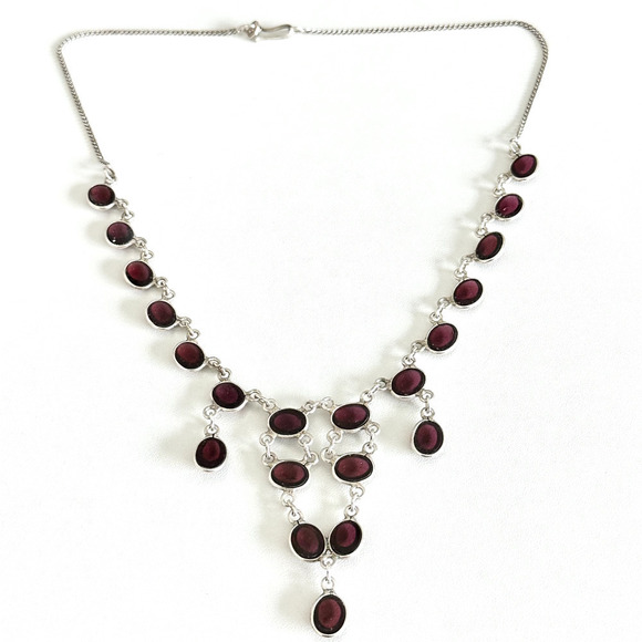 925 Sterling Silver Vintage Genuine Garnet Cabochon Chandelier Drop Necklace 17\